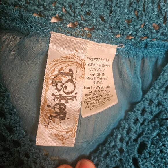 L8ter Size Small S Boho Tunic Top Blouse Crochet blue Orange Brown Sheer Indie - Picture 4 of 7